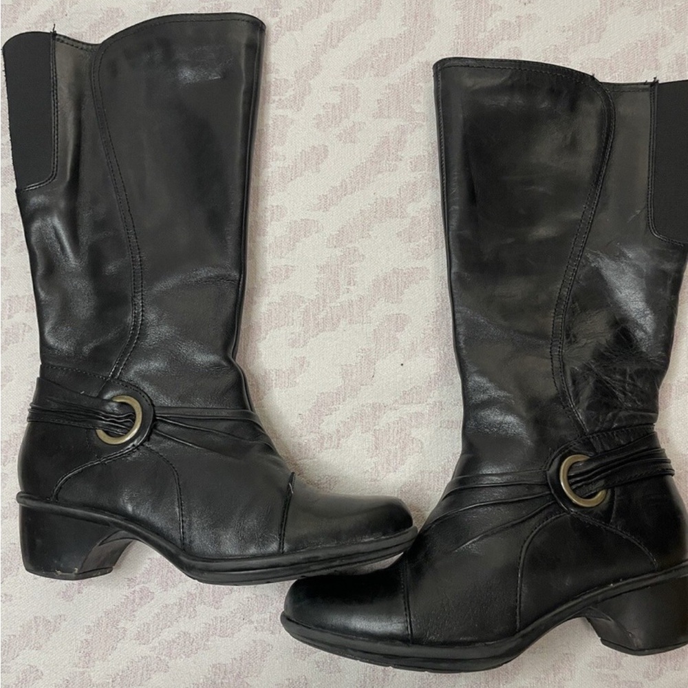 Clarks Black Leather Knee High Boots Women Size 6.5